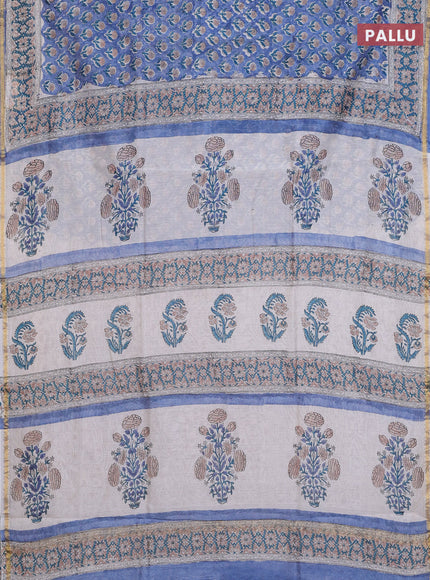 Chanderi bagru saree blue shade and off white with floral butta prints and small zari woven border