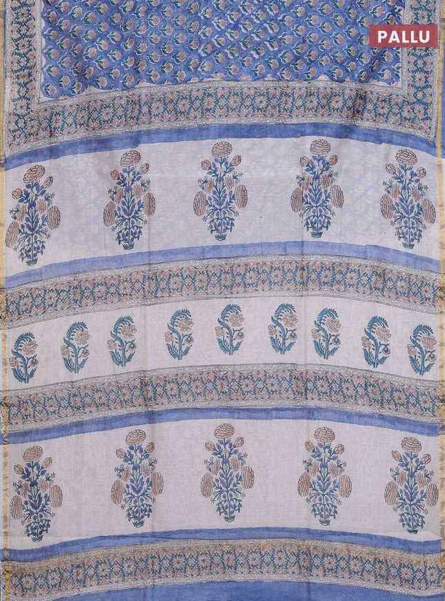 Chanderi bagru saree blue shade and off white with floral butta prints and small zari woven border