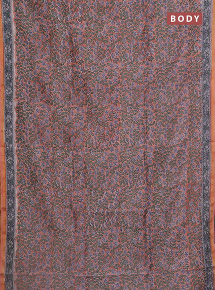 Chanderi bagru saree peach shade with allover floral prints and small zari woven border