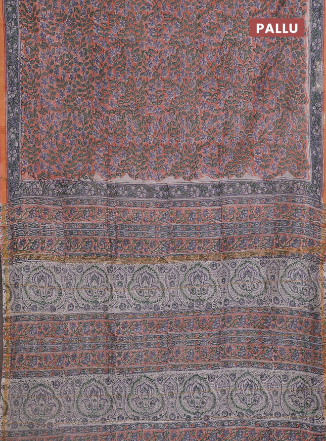 Chanderi bagru saree peach shade with allover floral prints and small zari woven border