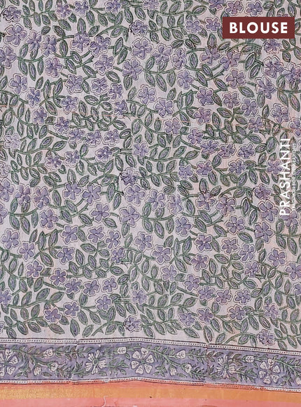 Chanderi bagru saree peach shade with allover floral prints and small zari woven border