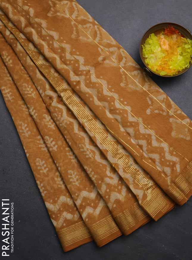 Chanderi bagru saree mustard yellow with allover ikat prints and maheshwari border