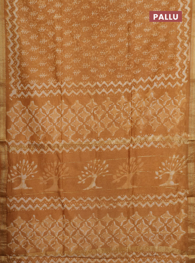 Chanderi bagru saree mustard yellow with allover ikat prints and maheshwari border