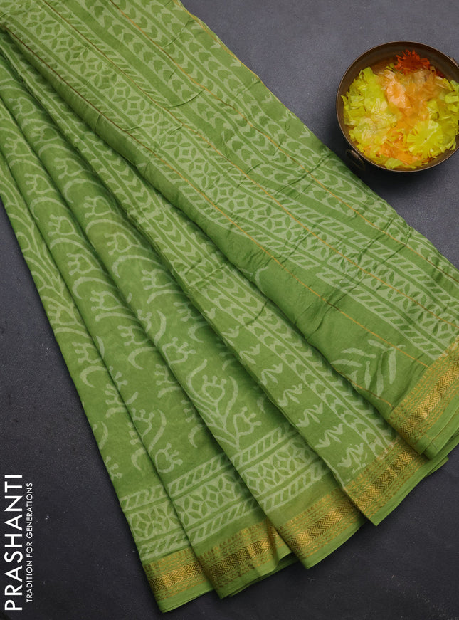 Chanderi bagru saree light green with allover prints and maheshwari border