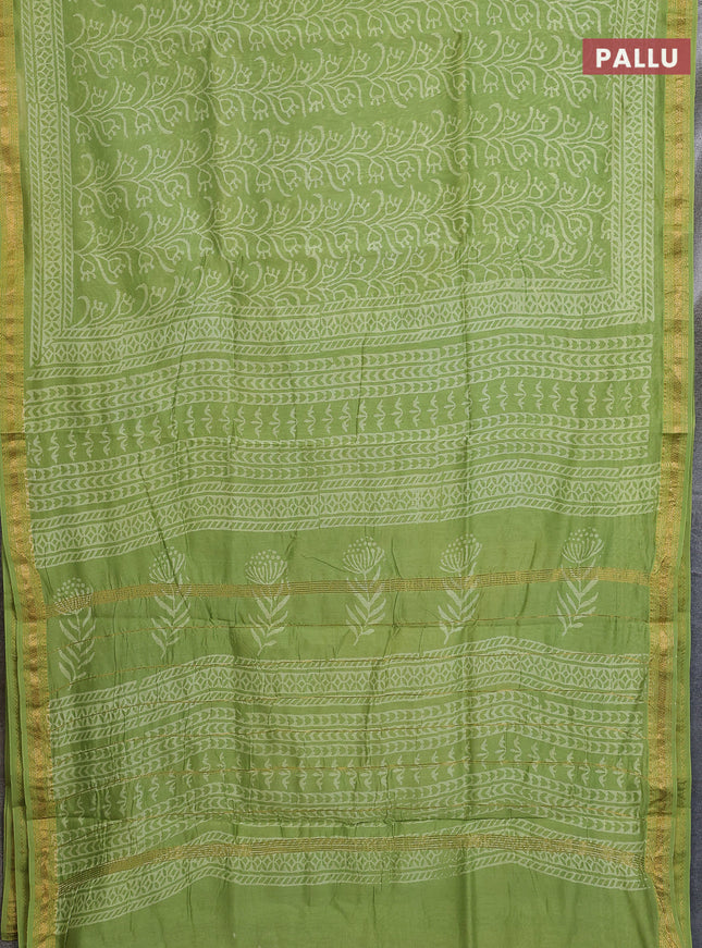 Chanderi bagru saree light green with allover prints and maheshwari border