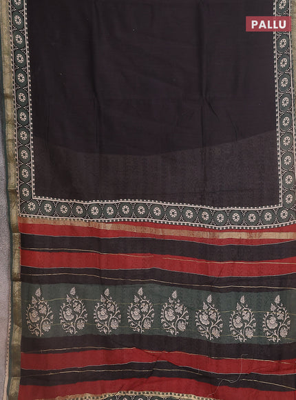 Chanderi bagru saree black and beige with plain body and maheshwari border