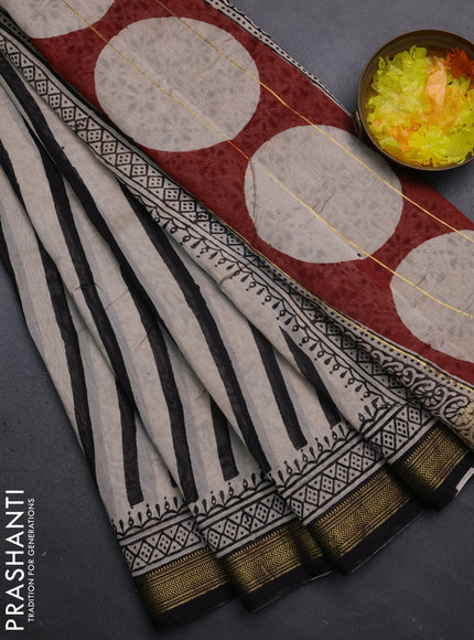 Chanderi bagru saree beige and black with stripe pattern and maheshwari border