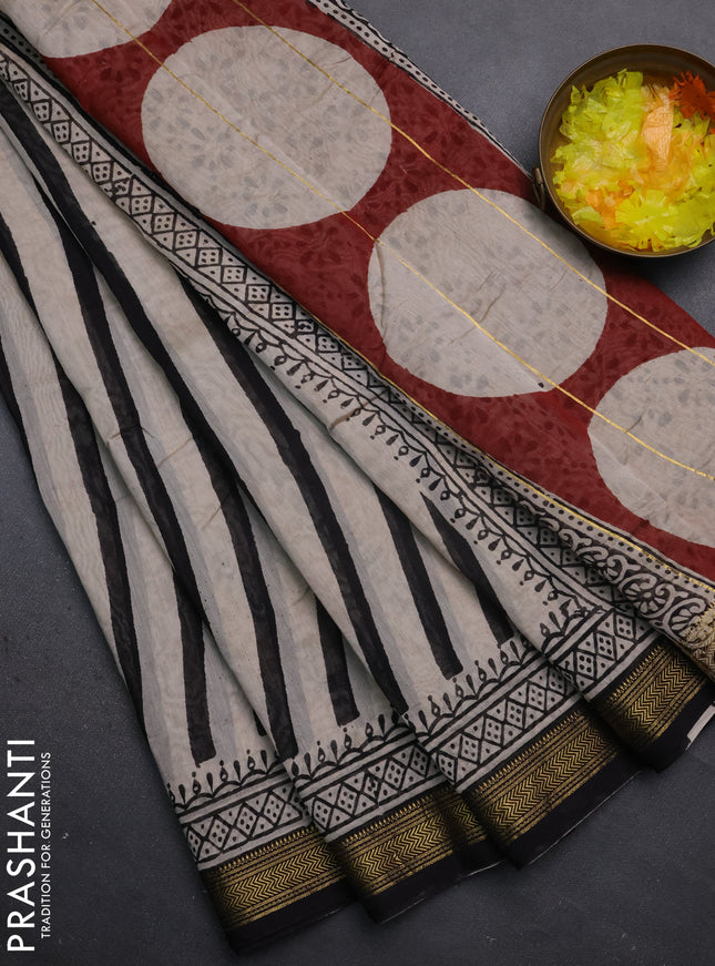 Chanderi bagru saree beige and black with stripe pattern and maheshwari border