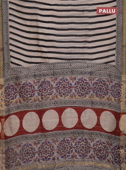 Chanderi bagru saree beige and black with stripe pattern and maheshwari border