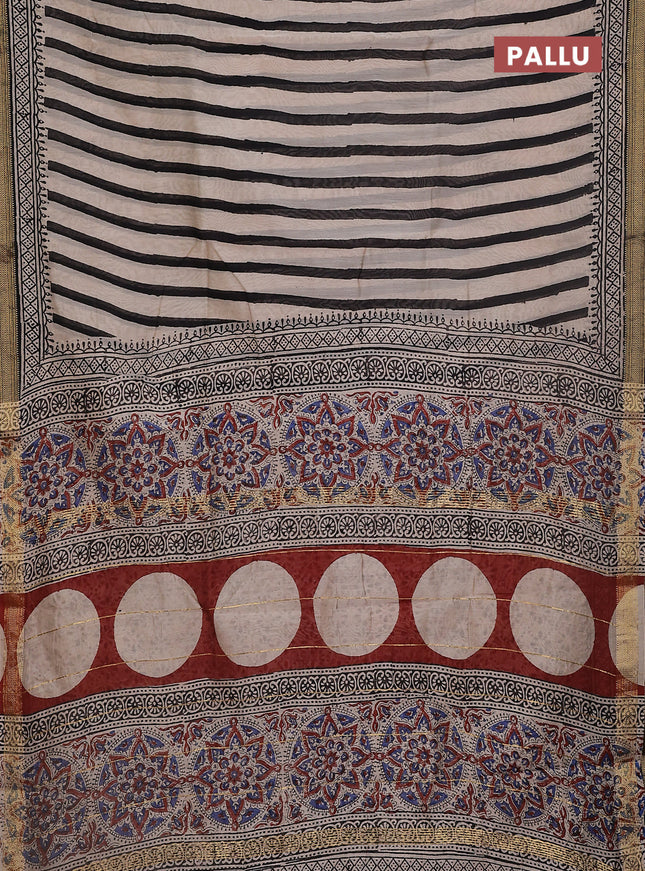 Chanderi bagru saree beige and black with stripe pattern and maheshwari border