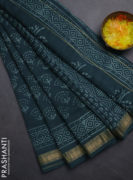 Chanderi bagru saree green with allover prints and maheshwari border