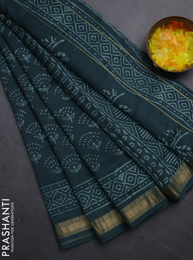Chanderi bagru saree green with allover prints and maheshwari border