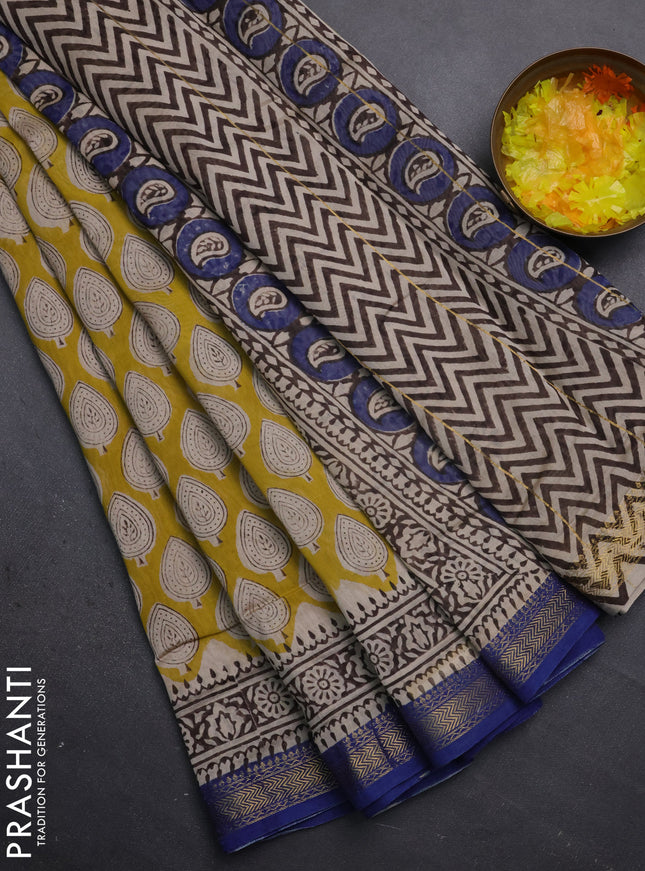 Chanderi bagru saree yellow and blue with allover butta prints and maheshwari border