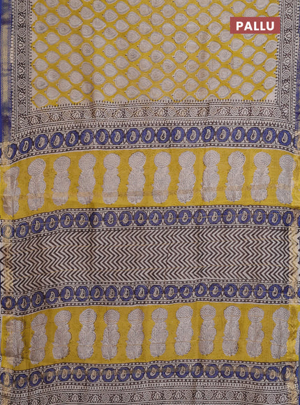 Chanderi bagru saree yellow and blue with allover butta prints and maheshwari border
