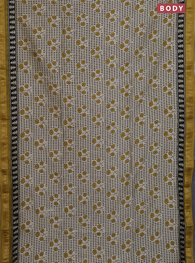 Chanderi bagru saree cream and yellow with allover prints and maheshwari border