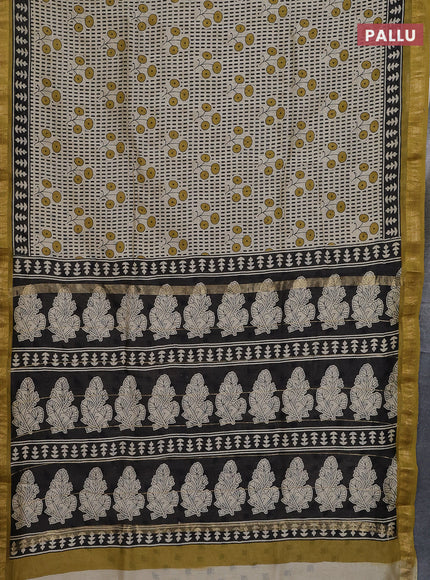 Chanderi bagru saree cream and yellow with allover prints and maheshwari border