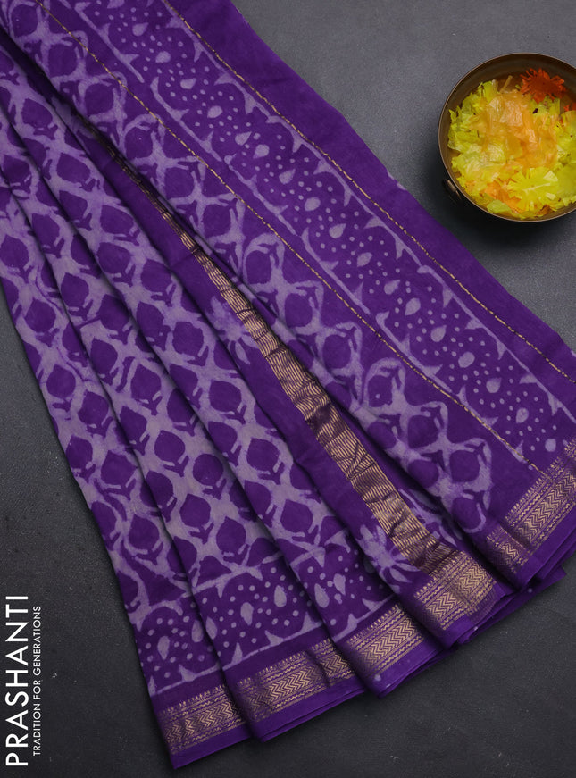 Chanderi bagru saree violet with dabu prints and maheshwari border