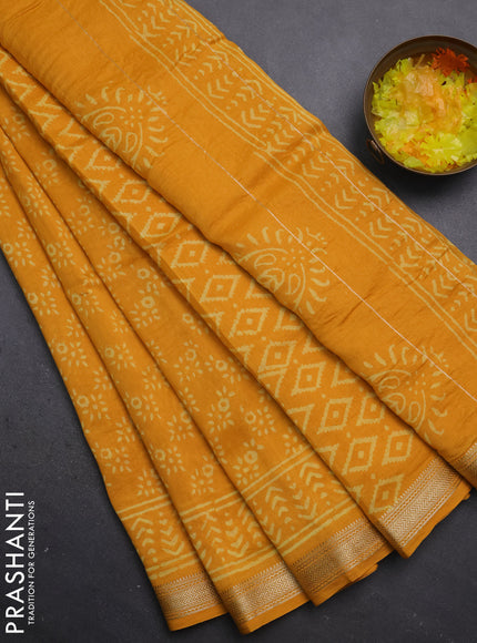Chanderi bagru saree mango yellow with allover prints and maheshwari border