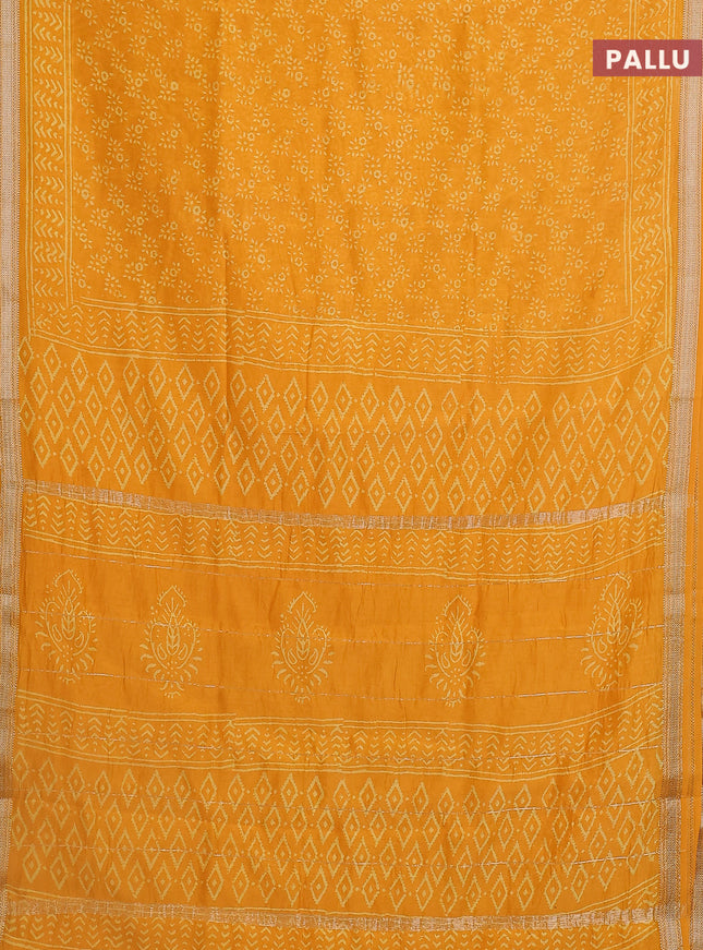 Chanderi bagru saree mango yellow with allover prints and maheshwari border