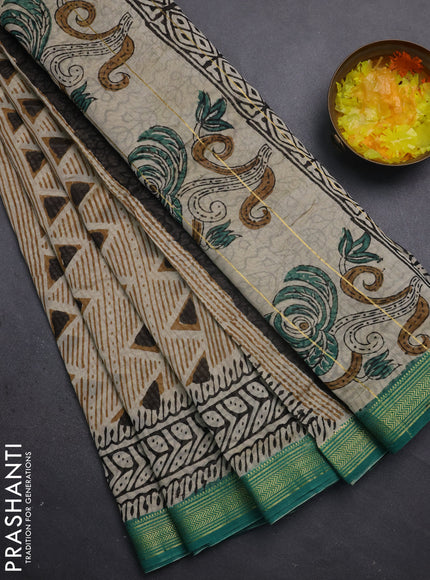 Chanderi bagru saree beige and teal green with allover geometric prints and maheshwari border