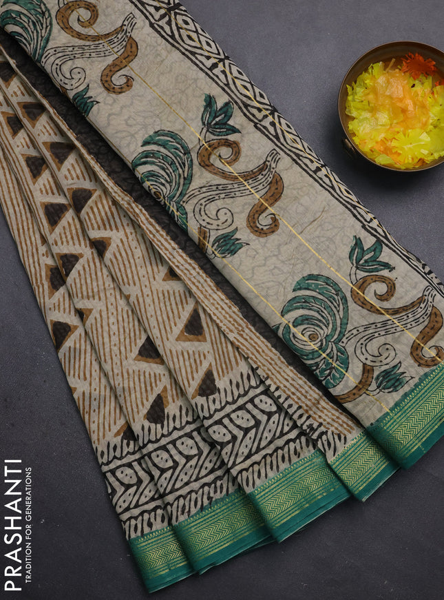 Chanderi bagru saree beige and teal green with allover geometric prints and maheshwari border