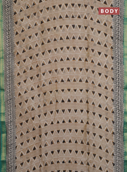 Chanderi bagru saree beige and teal green with allover geometric prints and maheshwari border