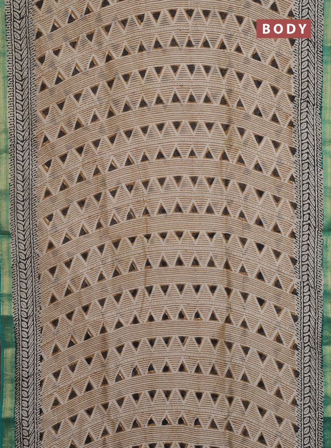 Chanderi bagru saree beige and teal green with allover geometric prints and maheshwari border