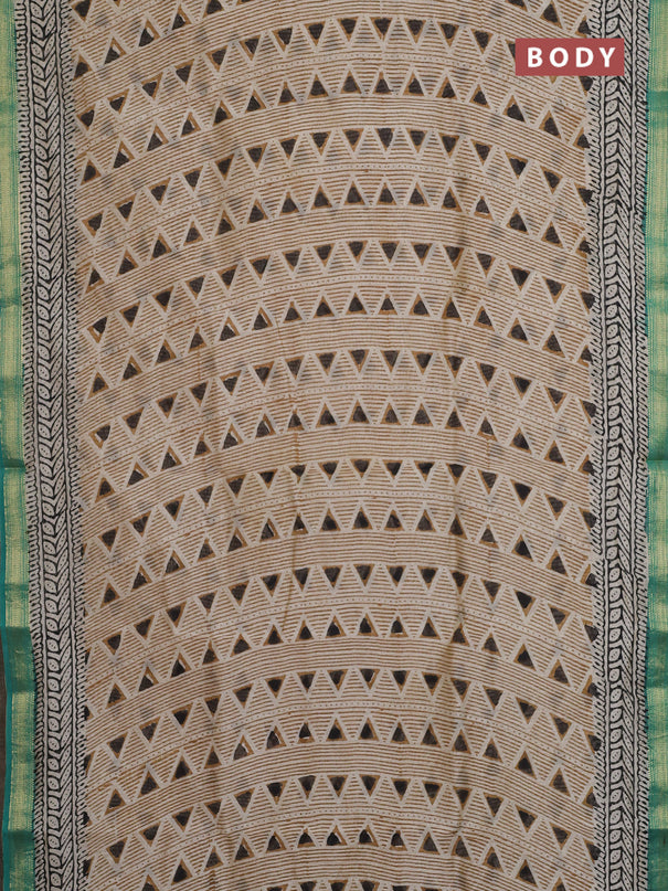 Chanderi bagru saree beige and teal green with allover geometric prints and maheshwari border