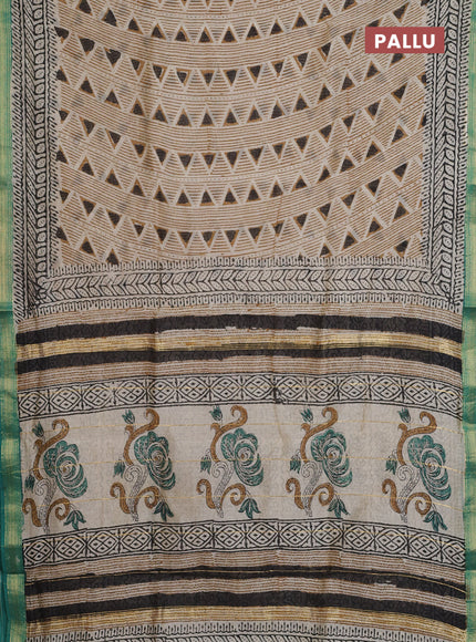 Chanderi bagru saree beige and teal green with allover geometric prints and maheshwari border