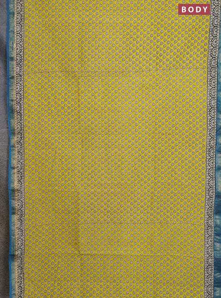 Chanderi bagru saree lime yellow and cs blue with allover butta prints and maheshwari border