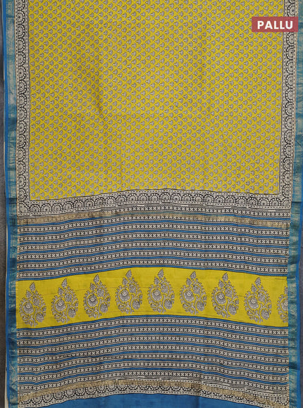 Chanderi bagru saree lime yellow and cs blue with allover butta prints and maheshwari border