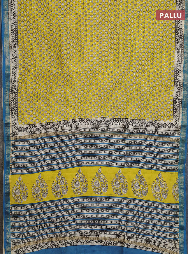 Chanderi bagru saree lime yellow and cs blue with allover butta prints and maheshwari border