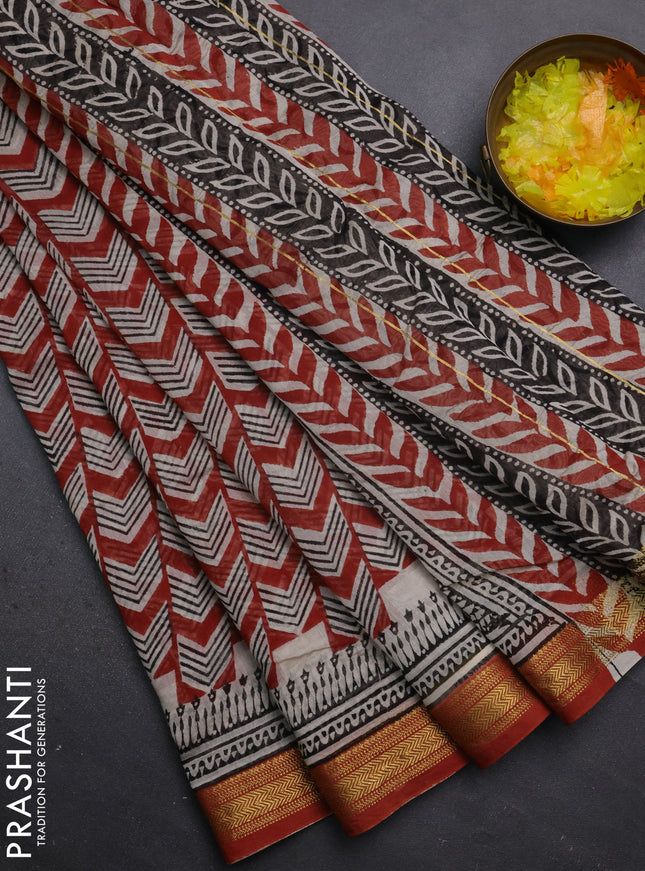 Chanderi bagru saree rustic maroon and beige with allover prints and maheshwari border