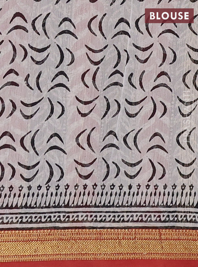 Chanderi bagru saree rustic maroon and beige with allover prints and maheshwari border