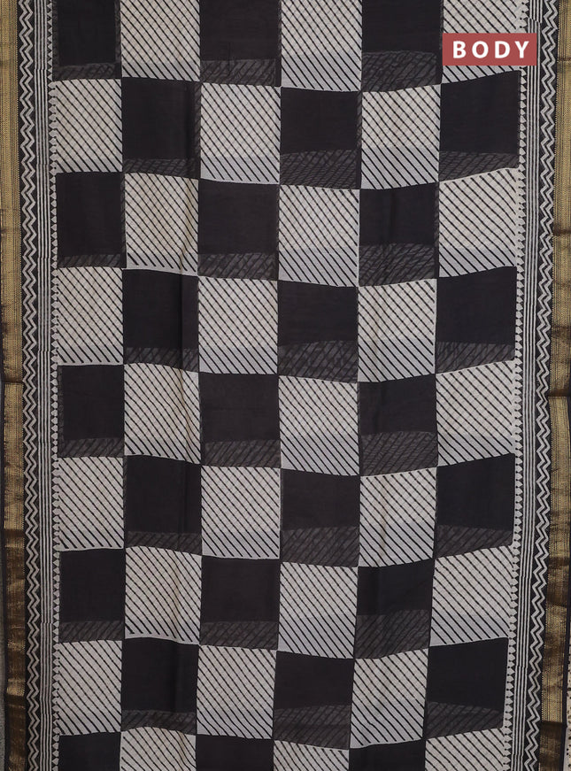 Chanderi bagru saree beige and black with allover geometric prints and maheshwari border