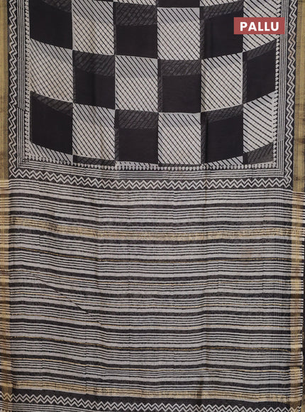 Chanderi bagru saree beige and black with allover geometric prints and maheshwari border
