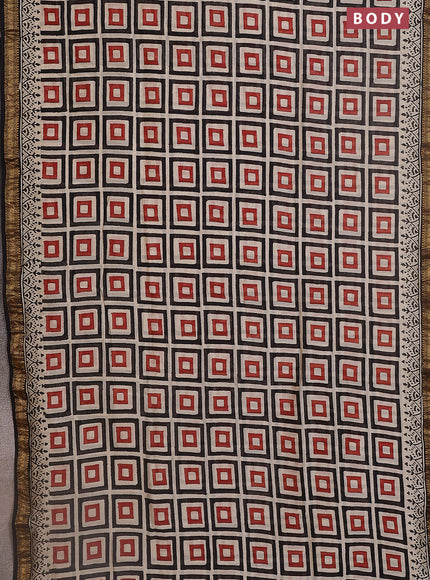 Chanderi bagru saree beige and black with allover geometric prints and maheshwari border