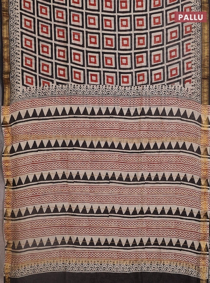 Chanderi bagru saree beige and black with allover geometric prints and maheshwari border