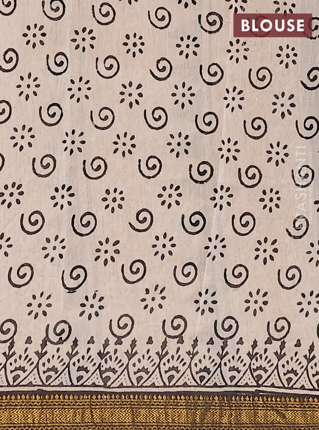 Chanderi bagru saree beige and black with allover geometric prints and maheshwari border