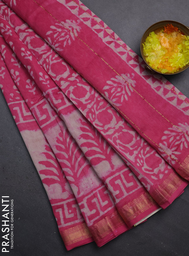 Chanderi bagru saree pink and beige with allover butta prints and maheshwari border