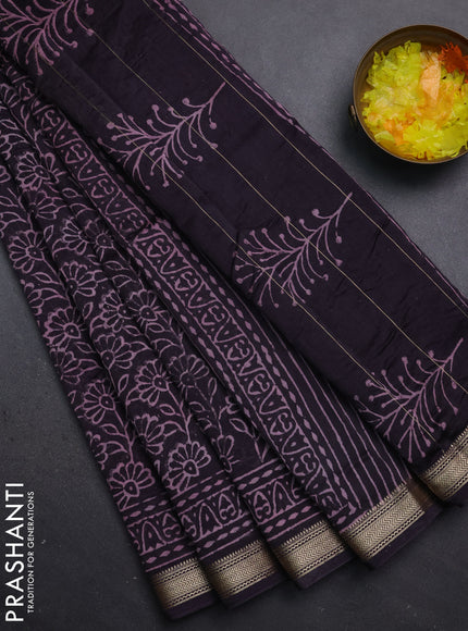 Chanderi bagru saree deep jamun with allover floral prints and maheshwari border