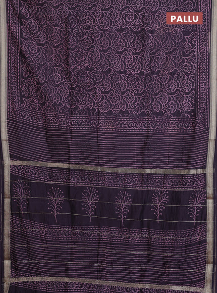 Chanderi bagru saree deep jamun with allover floral prints and maheshwari border