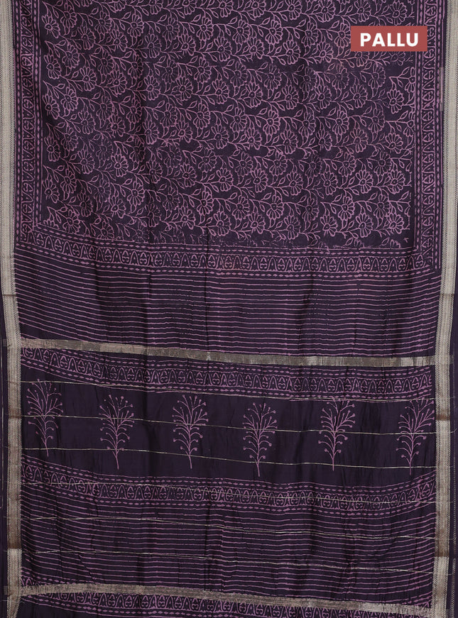 Chanderi bagru saree deep jamun with allover floral prints and maheshwari border
