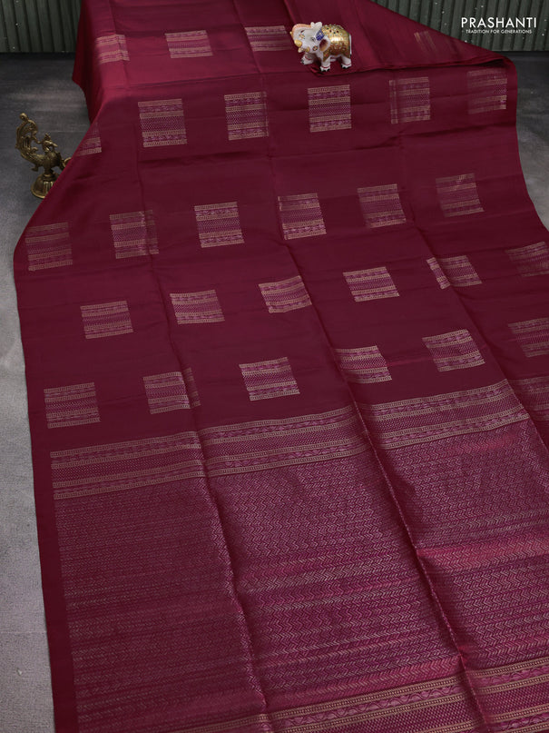 Pure soft silk saree maroon with thread & zari woven box type buttas in borderless style
