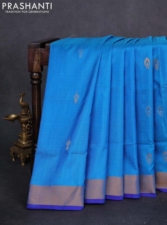 Pure uppada silk saree cs blue and blue with silver & gold zari woven buttas and zari woven border