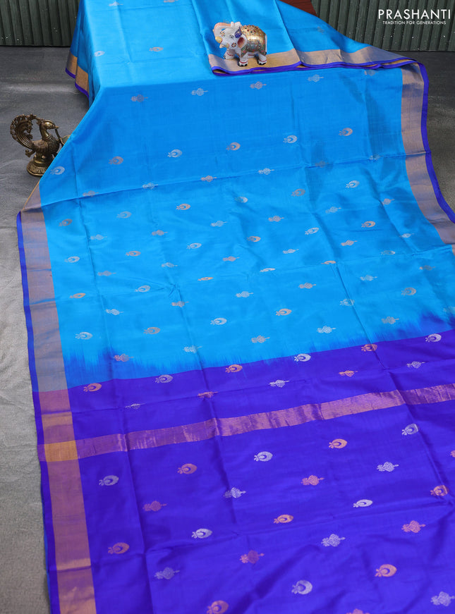 Pure uppada silk saree cs blue and blue with silver & gold zari woven buttas and zari woven border