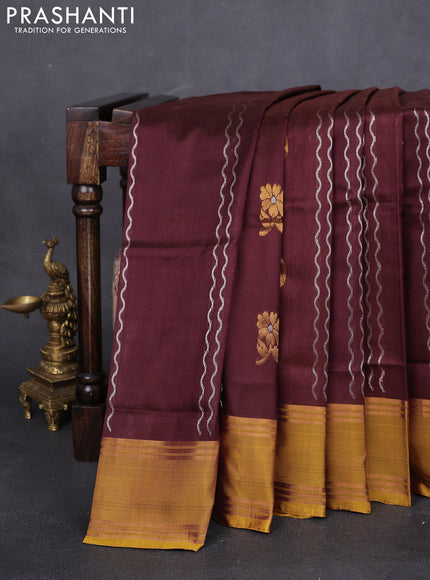 Pure uppada silk saree deep maroon and mustard yellow with allover zari weaves and rettapet zari woven border