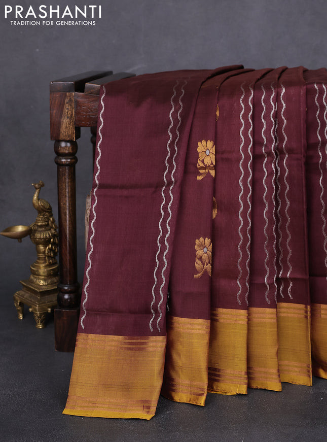 Pure uppada silk saree deep maroon and mustard yellow with allover zari weaves and rettapet zari woven border