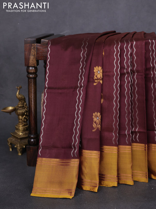 Pure uppada silk saree deep maroon and mustard yellow with allover zari weaves and rettapet zari woven border