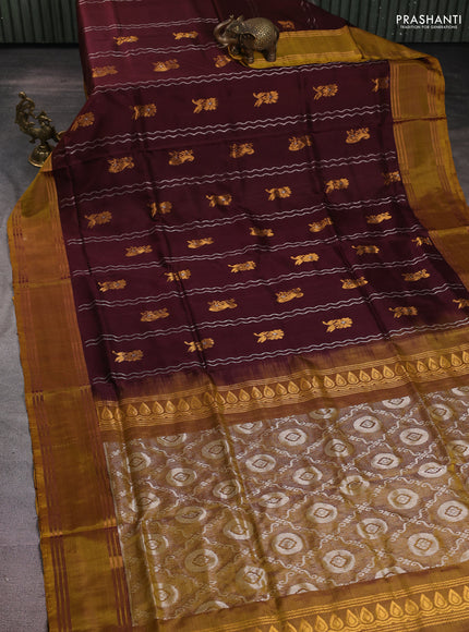 Pure uppada silk saree deep maroon and mustard yellow with allover zari weaves and rettapet zari woven border